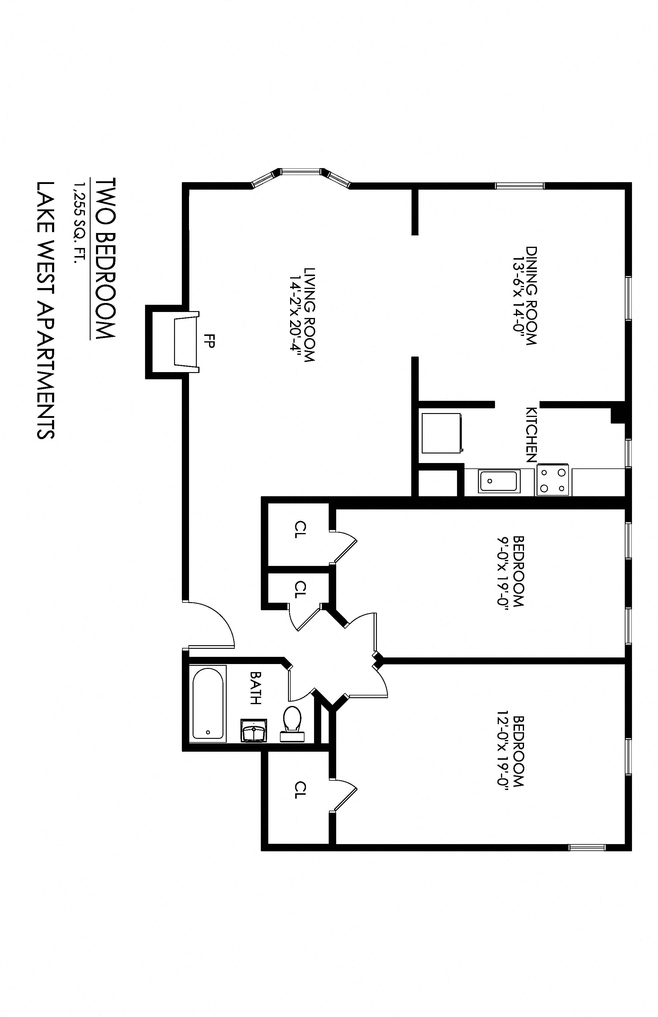 Floor plan for 2 beds, 1 bath, 1255 sqft
